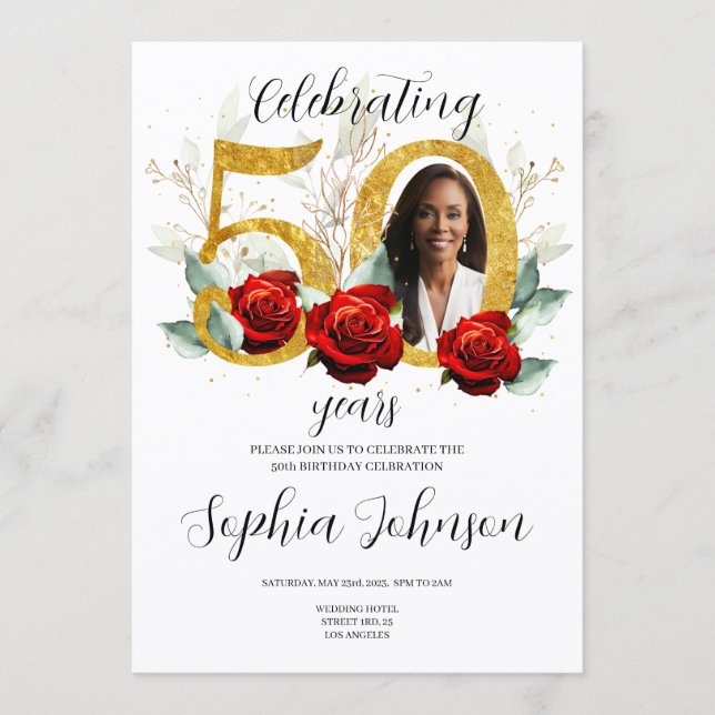 50th Birthday Invitation Photo Red Roses  (Frente)