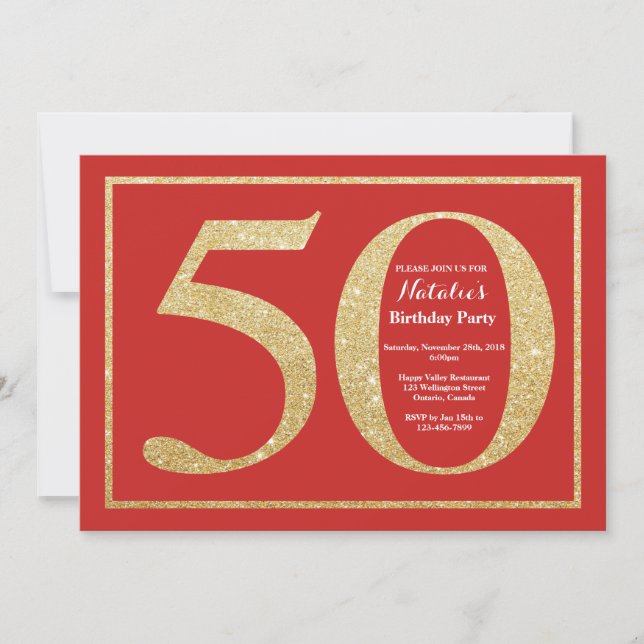 50th Brilho vermelho e Dourado do convite do (Frente)