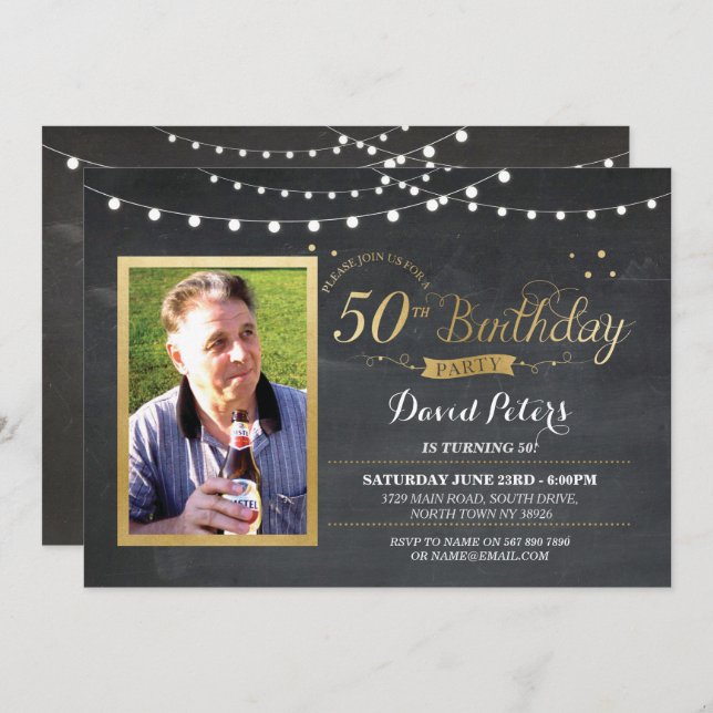 50th Convite Dourado rústico do giz da foto do (Frente/Verso)