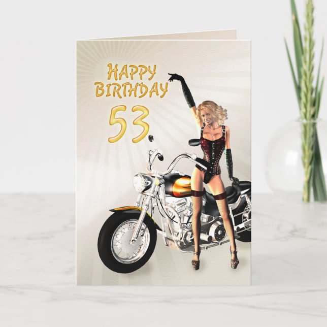 53º Cartão de aniversário com uma moça de motocicl (Frente)