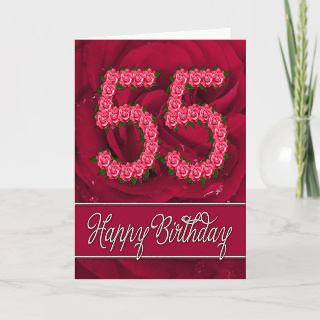 55th cartão de aniversário com rosas e folhas (Frente)