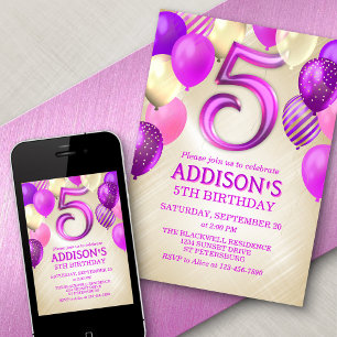 5 Birthday Pink Balloons Convite