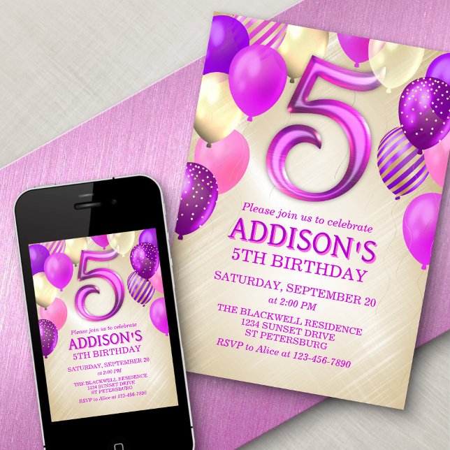 5 Birthday Pink Balloons Convite (Criador carregado)