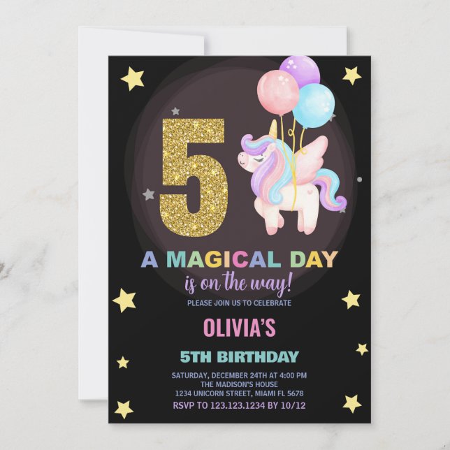 5 Birthday Unicorn Birthday - Convites de Aniversá (Frente)