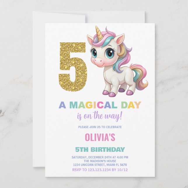 5 Birthday Unicorn Birthday - Convites de Aniversá (Frente)