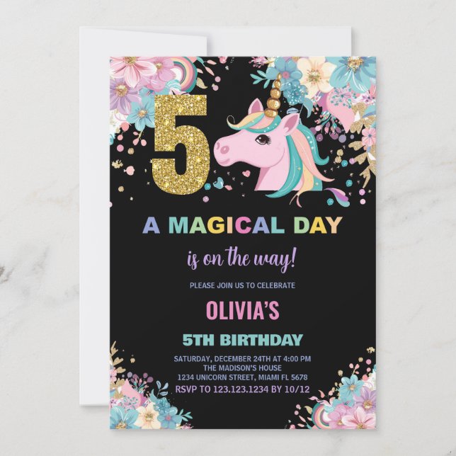 5 Birthday Unicorn Birthday - Convites de Aniversá (Frente)