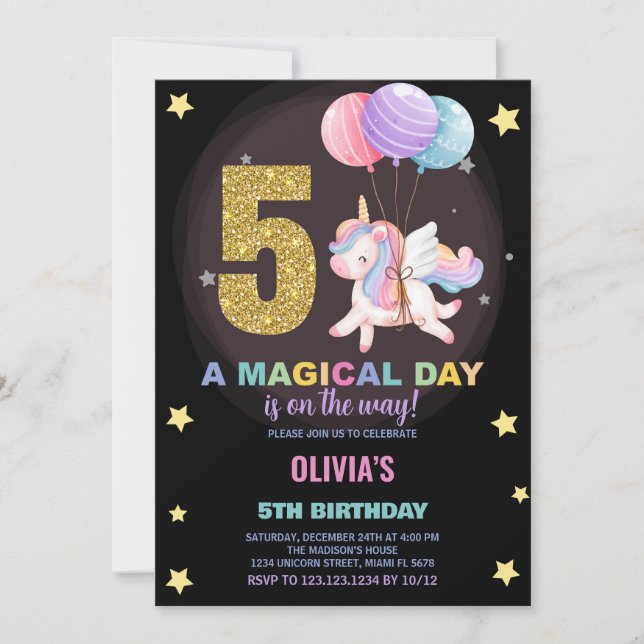5 Birthday Unicorn Birthday - Convites de Aniversá (Frente)