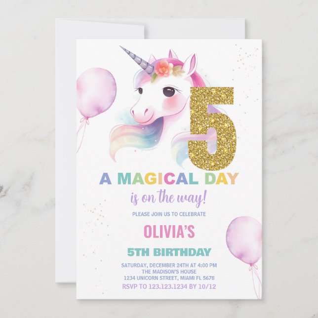 5 Birthday Unicorn Birthday - Convites de Aniversá (Frente)