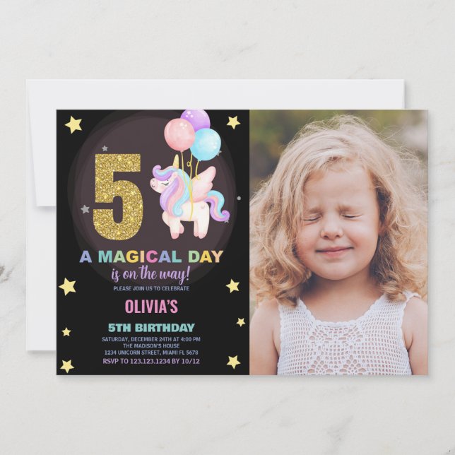 5 Birthday Unicorn Birthday - Foto dos Convites de (Frente)