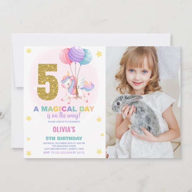 5 Birthday Unicorn Birthday - Foto dos Convites de (Frente)