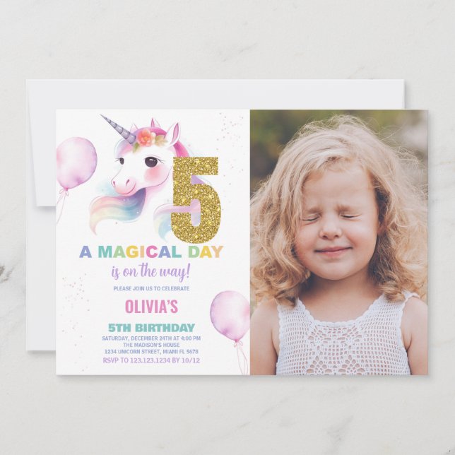 5 Birthday Unicorn Birthday - Foto dos Convites de (Frente)