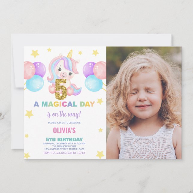 5 Birthday Unicorn Birthday - Foto dos Convites de (Frente)