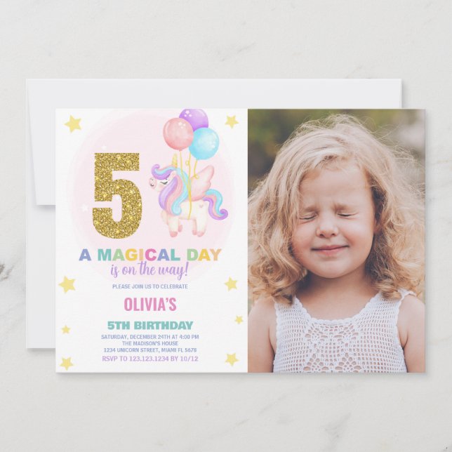 5 Birthday Unicorn Birthday - Foto dos Convites de (Frente)