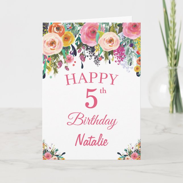 5 Birthday Watercolor Floral Flowers Cartão Rosa (Frente)