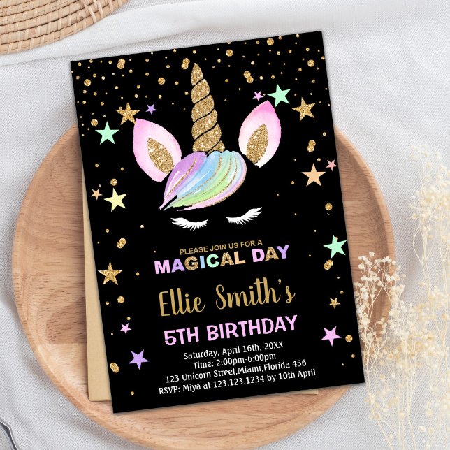 5 Black Unicorn - Convites de Aniversário (5th Black Unicorn Birthday Invitations)