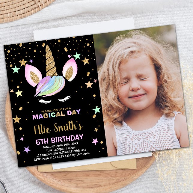 5 Black Unicorn - Convites de Aniversário com foto (5th Black Unicorn Birthday Invitations with photo)