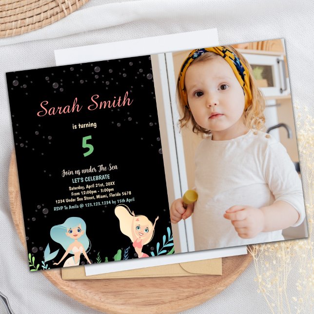 5 Blona Sereia Convites de Aniversário com Foto (5th Blond Mermaid Birthday Invitations with photo)
