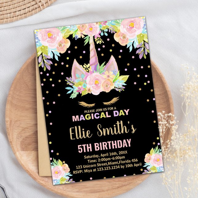 5 Floral Black Unicorn - Convites de Aniversário (5th Floral Black Unicorn Birthday Invitations)