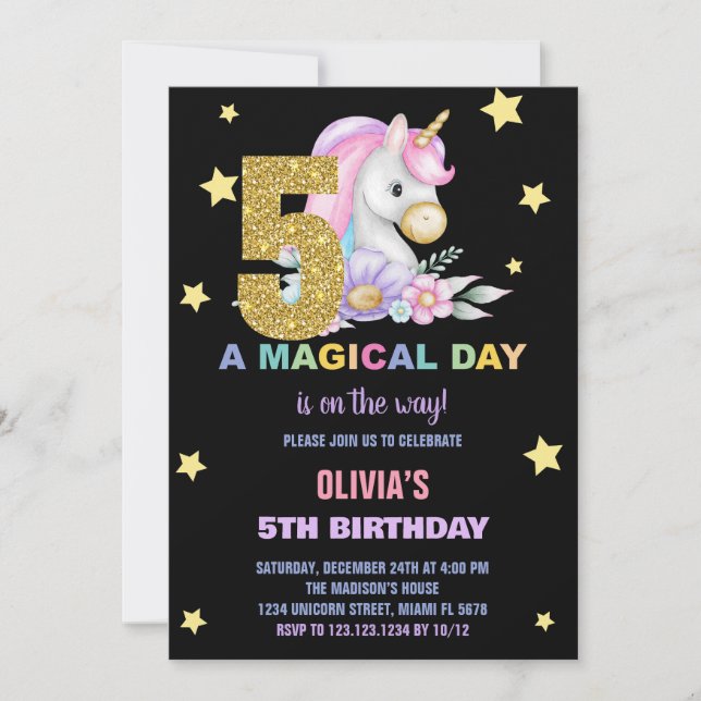 5 Floral Unicorn - Convites de Aniversário (Frente)