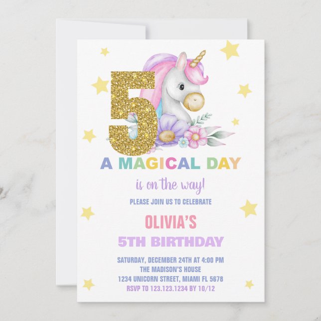 5 Floral Unicorn - Convites de Aniversário (Frente)