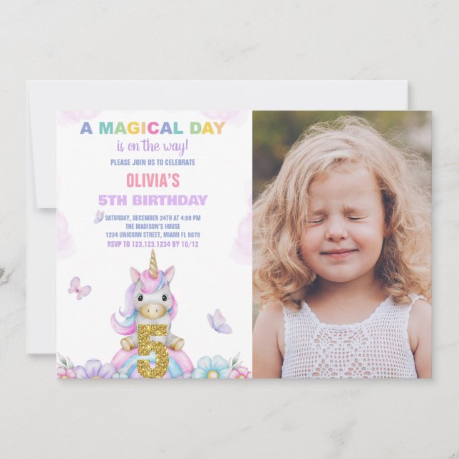 5 Floral Unicorn - Convites de Aniversário com Fot (Frente)