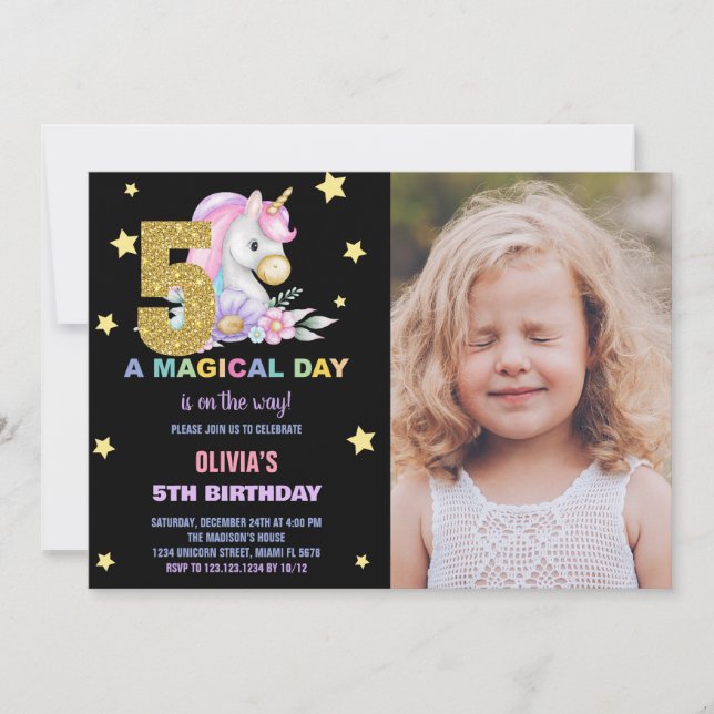 5 Floral Unicorn - Convites de Aniversário com Fot (Frente)