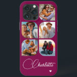 5 Photo Modern Trendy Simple Personalization Name<br><div class="desc">5 Foto moderna Trendy Simple Heart Personalised Name iPhone Capa de telefone apresenta cinco de suas fotos favoritas com seu nome personalizado em um elegante script de caligrafia branca, acentuado com coração de amor. Personalize editando o texto na caixa de texto fornecida. Perfeito para o aniversário, Natal, Dia de as...</div>