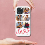 5 Photo Modern Trendy Simple Personalization Name<br><div class="desc">5 Foto Moderna Tendy Simple Heart Personalised Name iPhone Capa de telefone apresenta cinco de suas fotos favoritas com seu nome personalizado em um elegante script de caligrafia rosa acentuado com coração amoroso. Personalize editando o texto na caixa de texto fornecida. Perfeito para o aniversário, Natal, Dia de as mães,...</div>