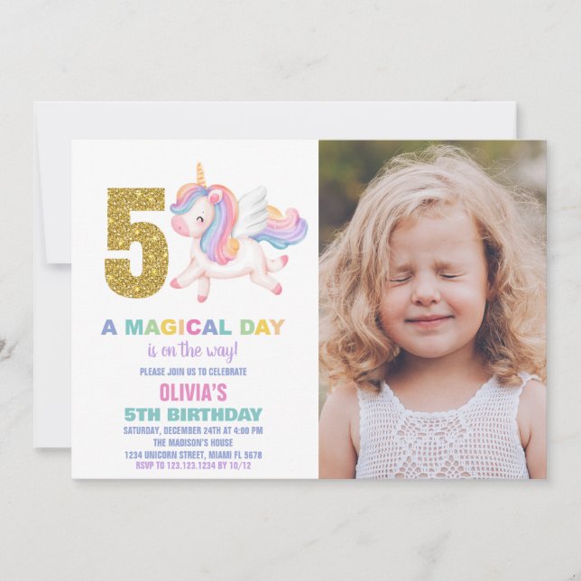 5 Rainbow Unicorn Aniversário Convites com foto (Frente)