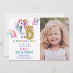 5 Rainbow Unicorn Aniversário Convites com foto