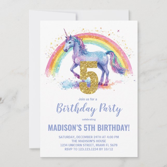 5 Rainbow Unicorn - Convites de aniversário (Frente)