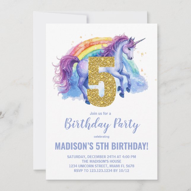 5 Rainbow Unicorn - Convites de aniversário (Frente)