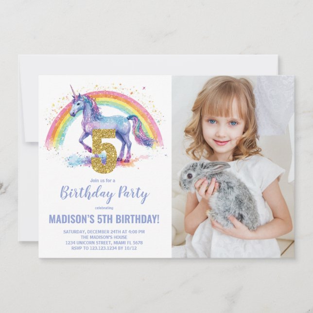 5 Rainbow Unicorn - Foto de Convites de Aniversári (Frente)