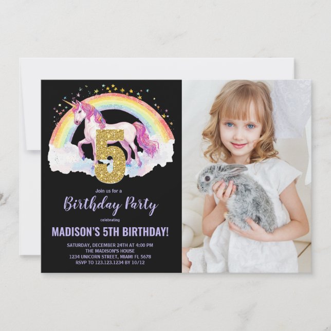 5 Rainbow Unicorn - Foto de Convites de Aniversári (Frente)