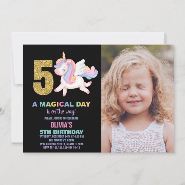5 Rainbow Unicorn - Foto de Convites de Aniversári (Frente)