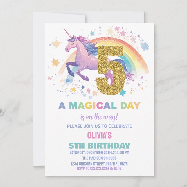 5 Unicorn - Convites de Aniversário (Frente)