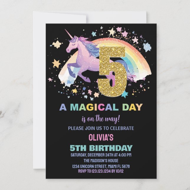 5 Unicorn - Convites de Aniversário (Frente)