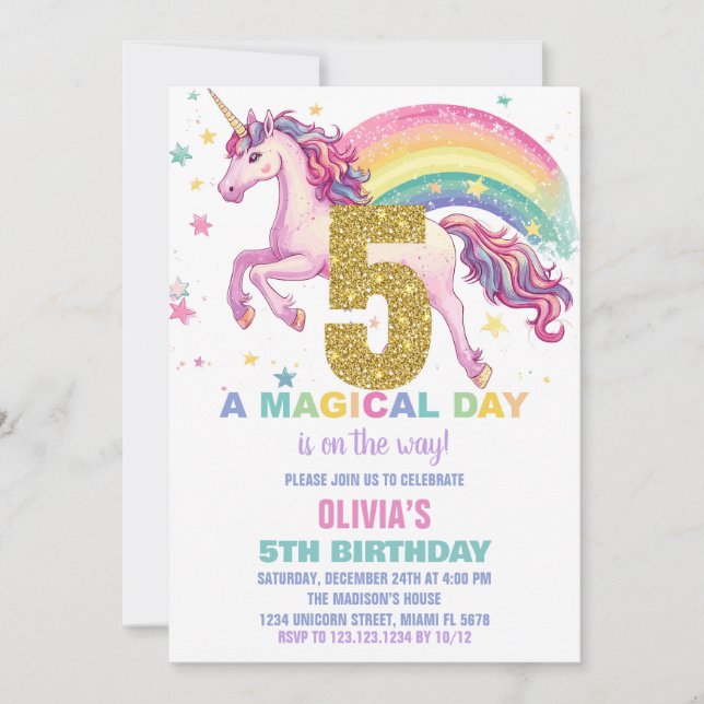 5 Unicorn - Convites de Aniversário (Frente)