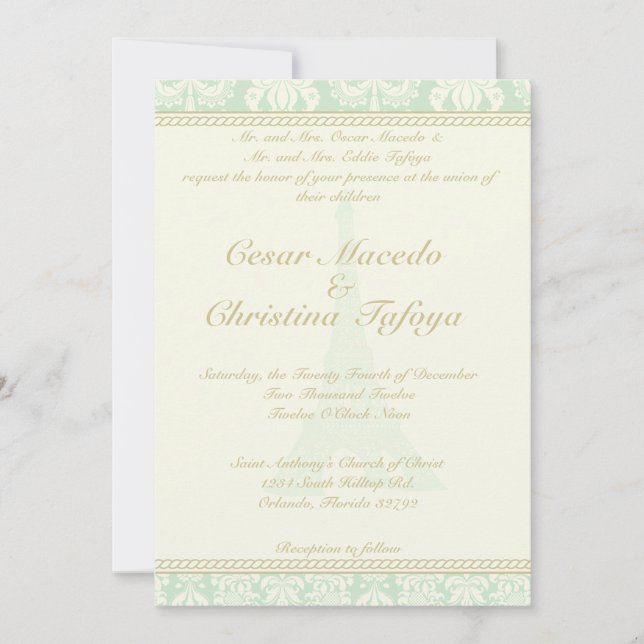 5 x 7 Convite de casamento Damask Paris Eiffel Tow (Frente)