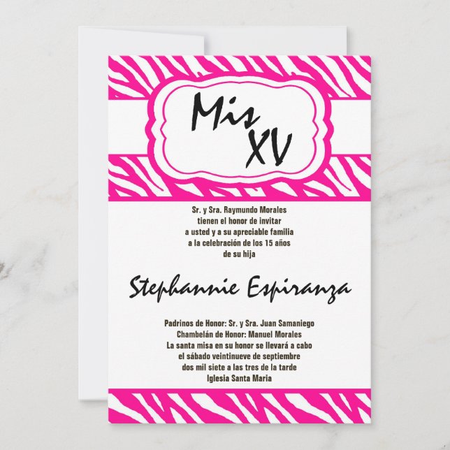 5 x 7 Zebra Rosa Imprimir Quinceanera 15 Convite (Frente)