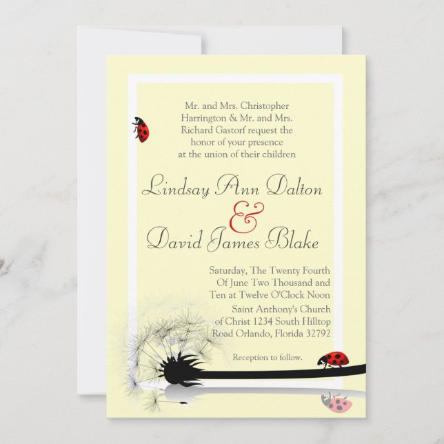 5x7 Convite de casamento Amarelo e Lady Bugs (Frente)