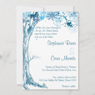 5x7 Convite de Casamento Flocos de Neve Azul Árvor