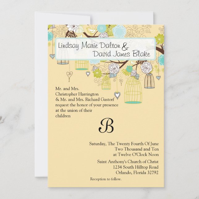 5x7 Convite de casamento Gaiola Floral de Aves (Frente)