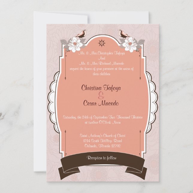 5x7 Convite de casamento Pink/Pássaro Floral Marro (Frente)