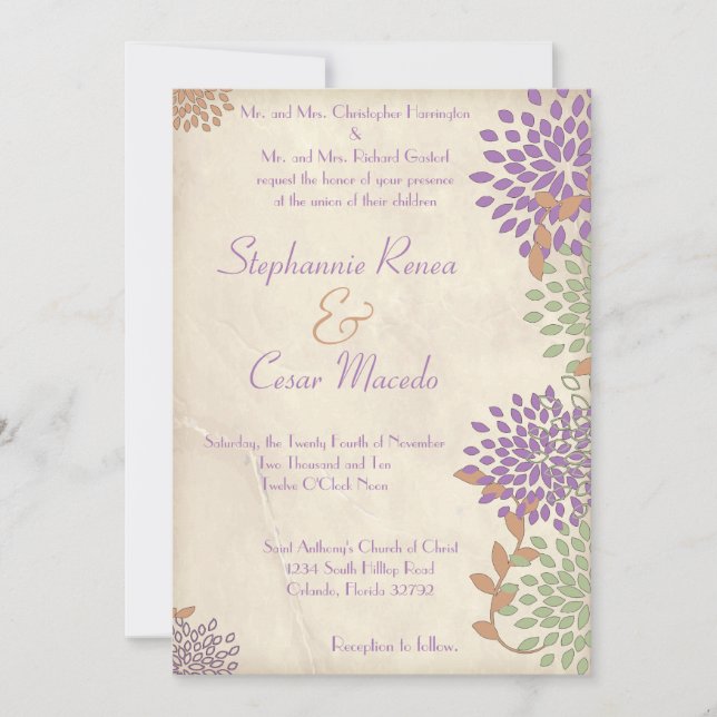 5x7 Convite para Casamento Flor Verde Roxo (Frente)