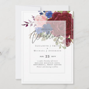 5x7 Convites para Casamento Floral Azul-Rosa Brilh
