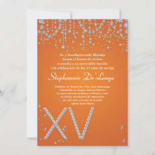 5x7 Diamante Laranja Quinceanera Convite de Aniver