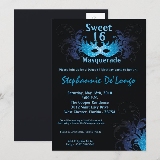 5x7 Mascarada Azul Doce 16 Convite de Aniversário (Frente/Verso)