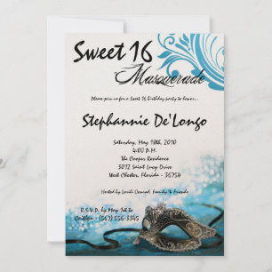 5x7 Mascarada Azul Doce 16 Convite de Aniversário