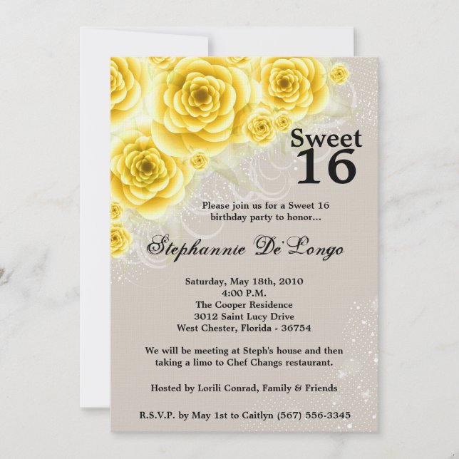 5x7 Rosas Amarelas Doce 16 Convite de Aniversário (Frente)